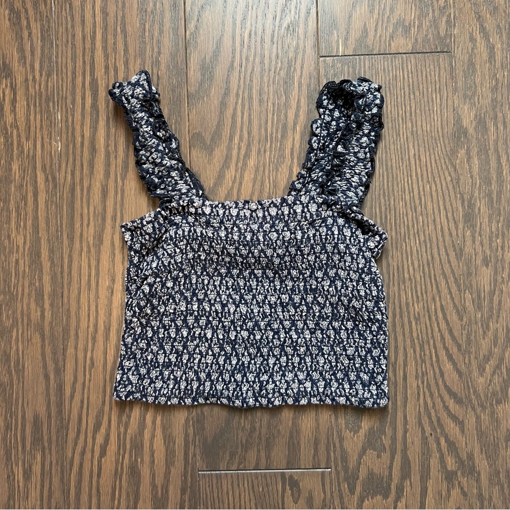 Hollister Navy Floral Smocked Ruffle-Strap Crop Top